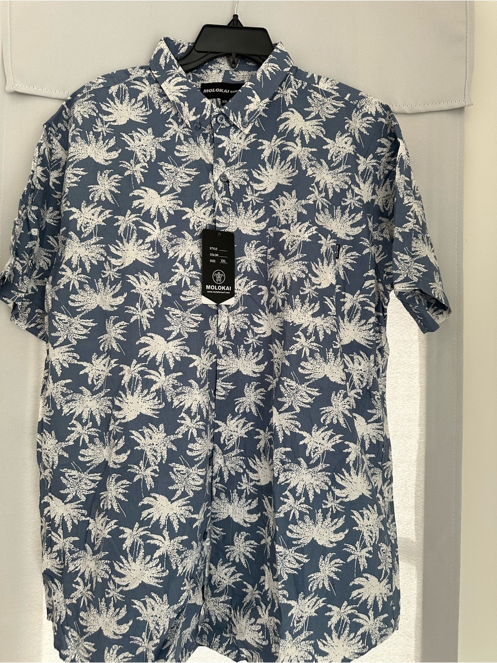 Molokai Blue and White Palm-Print Short Sleeve Button-Down Shirt